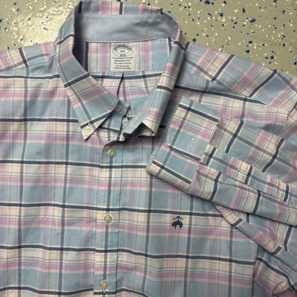 Brooks Brothers 1818 Regent Pink Blue Plaid Shirt Mens XXL Button Up Pastel Long